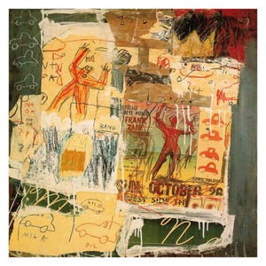 Puede incluir: Una pintura abstracta colorida con un collage de im&aacute;genes y texto. La pintura presenta una figura roja con una corona, un coche amarillo y el texto "SUN OCTOBER 26 WEST SIDE TH".