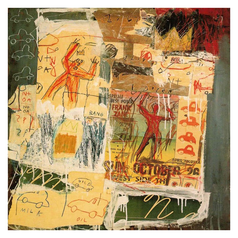 Puede incluir: Una pintura abstracta colorida con un collage de im&aacute;genes y texto. La pintura presenta una figura roja con una corona, un coche amarillo y el texto "SUN OCTOBER 26 WEST SIDE TH".