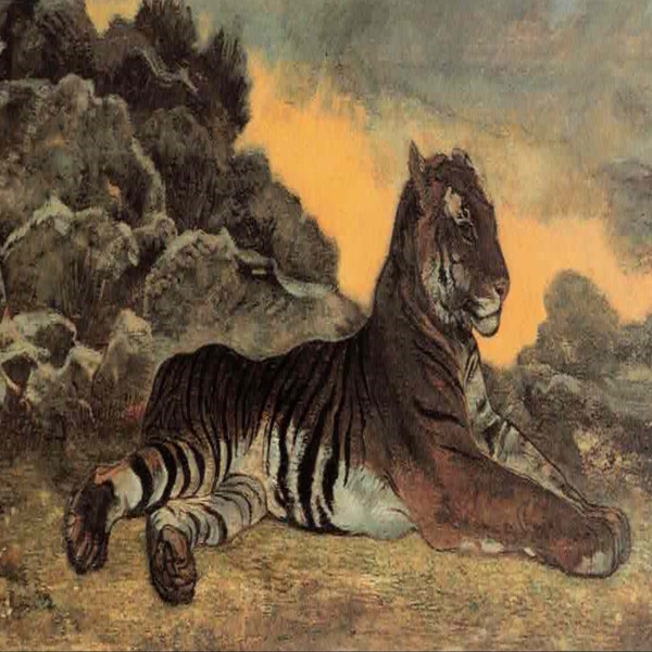 Louis Barye: "Tiger At Rest", Extremely Rare Original Bookplate Print, Painting Date Unknown. Classic Art; Classic Art Print; Wildlife Art