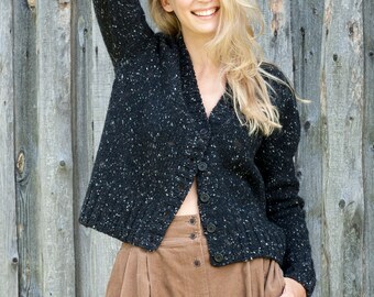 Wool tweed cardigan, Thick knit cardigan, Button down winter sweater, Handmade wool jacket, Organic womens knitwear, Soft black wool sweater