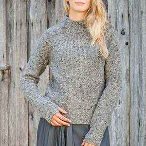 Thick WOOL tweed SWEATER, Stand up collar jumper, Relaxed fit wool pullover, Knitted wool jumper with thumbholes, Warm grey jumper