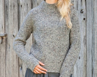 Thick WOOL tweed SWEATER, Stand up collar jumper, Relaxed fit wool pullover, Knitted wool jumper with thumbholes, Warm grey jumper