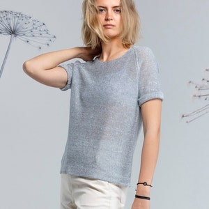 Linen T shirt, Knit linen top, Linen summer top, Short sleeve top, Basic linen t shirt, Organic linen shirt, Linen short sleeve shirt blue