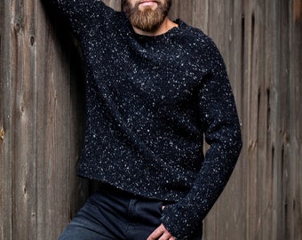 Men's wool SWEATER, Thick WOOL tweed SWEATER, Gift for him, Basic wool sweater, Knitted wool jumper with thumbholes, Black warm sweater