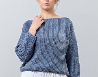 NEW Wool and cotton blend sweater, Knit wool/cotton summer sweater, Knitted cotton jumper in blue, Knitted summer sweater, Wool blend jumper