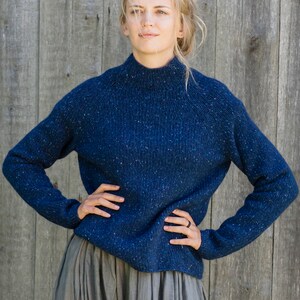 Thick WOOL tweed SWEATER, Stand up collar jumper, Relaxed fit wool pullover, Knitted wool jumper with thumbholes, Warm blue jumper