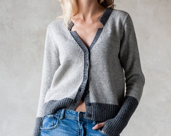 Lambswool knit cardigan, Handmade wool jacket, Organic womens knitwear, Button down winter sweater, Color block cardi , Soft wool sweater
