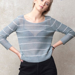 Striped linen sweater, Knit linen sweater, Linen summer jumper, 3/4 sleeve sweater, Linen clothing for women, Women organic knitwear