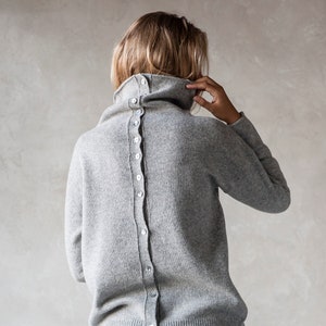 WOOL SWEATER, Roll neck sweater, Button back sweater, Knitted wool jumper, Natural grey sweater, Organic winter pullover, Knit wool sweater