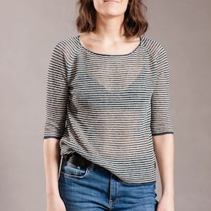 Striped linen sweater, Knit linen top, Linen 3/4 sleeve tee, Linen pullover with blue stripes, Knitted free fit linen top,Linen knit t shirt