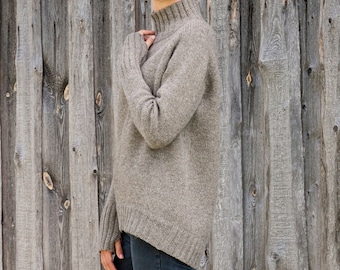 Thick WOOL SWEATER, Stand up collar jumper, Relaxed fit wool pullover, Knitted wool jumper with thumbholes, Warm brown jumper,Women knitwear