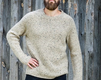 Men's wool SWEATER, Thick WOOL tweed SWEATER, Gift for him, Basic wool sweater, Knitted wool jumper with thumbholes, Beige warm sweater