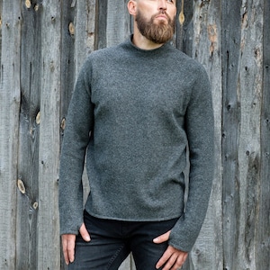 Knitted men&#39;s SWEATER, Men&#39;s wool sweatshirt, Christmas gift for him, Stand up collar pullover, Dark grey sweater, Warm wool winter jumper