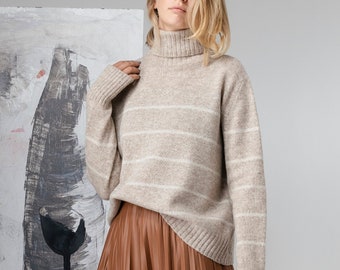 Wide WOOL turtleneck SWEATER, High turtleneck pullover with stripes, Striped beige wool jumper, Thick and warm jumper, Mulesing free wool