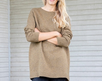 SUÉTER largo de LANA, Sudadera larga de punto, Jersey básico de lana, Prendas de punto de mujer, Túnica de lana de punto, Jersey bronce natural, Lana orgánica