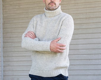 Men's Fisherman POLO sweater, Men's WOOL turtleneck SWEATER, Gift for him, Relaxed fit wool pullover,Thick and warm winter jumper light grey