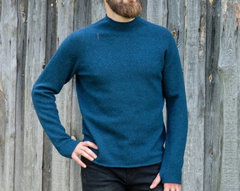 Knitted men's SWEATER, Men's wool sweatshirt, Christmas gift for him, Stand up collar pullover, Knit blue sweater, Warm wool winter jumper