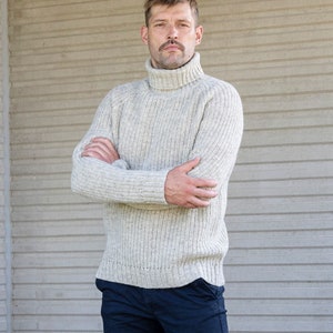 Herren Fischer POLO Pullover, Herren WOLLE Rollkragenpullover, Geschenk für ihn, Relaxed Fit Wollpullover, Dicke und warme Winterpullover hellgrau