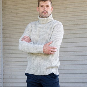 Men's Fisherman POLO sweater, Men's WOOL turtleneck SWEATER, Gift for him, Relaxed fit wool pullover,Thick and warm winter jumper light grey