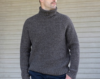 Men's Fisherman POLO sweater, Men's WOOL turtleneck SWEATER, Gift for him, Relaxed fit wool pullover, Thick and warm winter jumper in brown