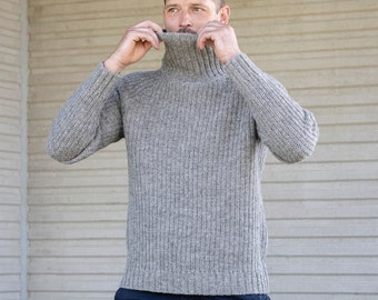 Men's Fisherman POLO sweater, Men's WOOL turtleneck SWEATER, Gift for him, Relaxed fit wool pullover, Thick and warm winter jumper mid grey