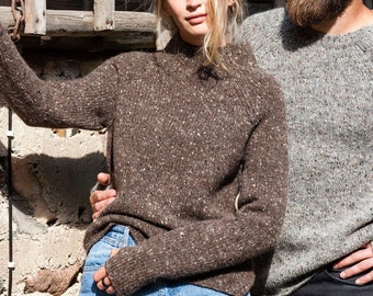 Thick WOOL tweed SWEATER, Stand up collar jumper, Relaxed fit wool pullover, Knitted wool jumper with thumbholes, Warm brown jumper