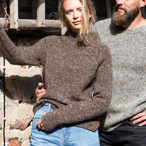 Thick WOOL tweed SWEATER, Stand up collar jumper, Relaxed fit wool pullover, Knitted wool jumper with thumbholes, Warm brown jumper