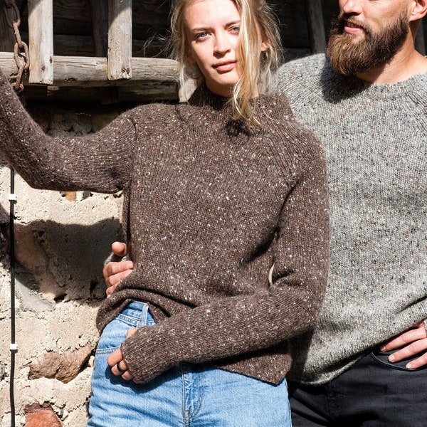 Thick WOOL tweed SWEATER, Stand up collar jumper, Relaxed fit wool pullover, Knitted wool jumper with thumbholes, Warm brown jumper