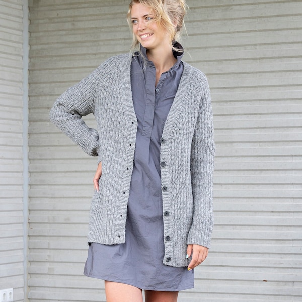 Fisherman cardigan, WOOL button down CARDIGAN, Relaxed fit wool sweater, Knitted mid grey wool cardigan, Thick and warm organic knitwear