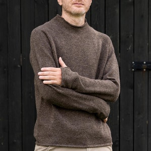 Knitted men&#39;s SWEATER, Men&#39;s wool sweatshirt, Christmas gift for him, Stand up collar pullover, Brown sweater, Warm wool winter knitwear