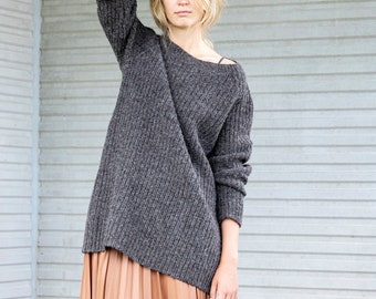 Long Fisherman sweater, WOOL longline SWEATER, Relaxed fit wool tunic jumper, Knitted brown wool jumper, Thick and warm jumper, Organic knit