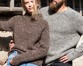 Men's wool SWEATER, Thick WOOL tweed SWEATER, Gift for him, Basic wool sweater, Knitted wool jumper with thumbholes, Light grey warm sweater