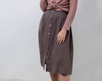 NEW Linen button down skirts, Pure linen midi skirts, Softened linen skirts with pockets, Linen button skirts, A line skirts in brown