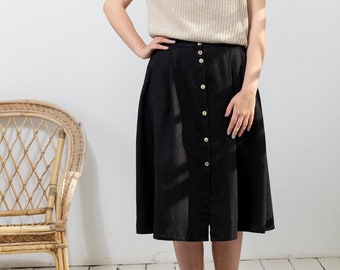 NEW Linen button down skirts, Pure linen midi skirts, Softened linen skirts with pockets, Linen button skirts, A line skirts in black