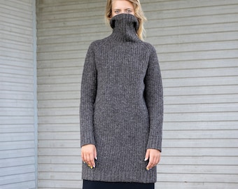 Long Fisherman tunic, WOOL longline SWEATER, Relaxed fit wool tunic jumper, Knitted brown knitted dress, Warm knit turtleneck jumper