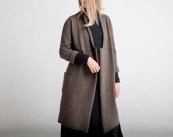 NEW felted wool COAT, Long wool cardigan, Shawl collar V neck cardigan, Knitted relaxed fit coat, Long line cardigan with pockets in brown