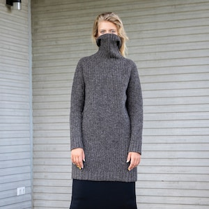 Long Fisherman tunic, WOOL longline SWEATER, Relaxed fit wool tunic jumper, Knitted brown knitted dress, Warm knit turtleneck jumper
