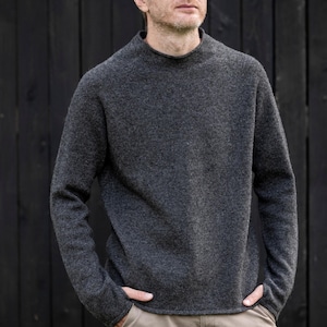 Knitted men&#39;s SWEATER, Men&#39;s wool sweatshirt, Christmas gift for him, Stand up collar pullover, Dark grey sweater, Warm wool winter knitwear