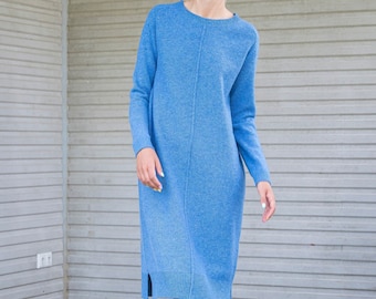 Long WOOL SWEATER dress, Knitted long sweatshirt dress, Basic wool pullover tunic, Women knitwear, Knitted wool tunic, Medium blue sweater