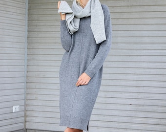 Long WOOL SWEATER dress, Knitted long sweatshirt dress, Basic wool pullover tunic, Women knitwear, Knitted wool tunic, Medium grey sweater