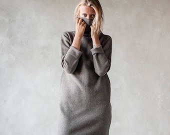 Knit wool TUNIC JUMPER, Roll neck jumper dress, Brown wool longline tunic, Natural knit jumper, Turtleneck jumper, Organic winter pullover