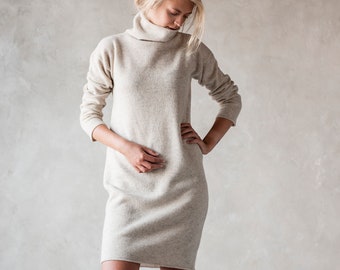 Pull tunique en laine, robe pull à col roulé, tunique longue en laine blanche, pull en tricot naturel, pull à col roulé, pull d'hiver bio