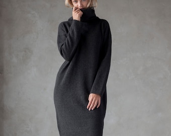 Knit wool TUNIC JUMPER, Roll neck jumper dress, Brown wool longline tunic, Natural knit jumper, Turtleneck jumper, Organic winter pullover