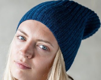 BEANIE Slouchy in blu, cappello invernale in lana, cappello invernale biologico, cappello invernale nero lavorato a maglia, berretto slouch unisex, cappello unisex, abbigliamento invernale