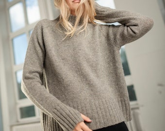 NEW Thick WOOL SWEATER, Stand up collar jumper, Relaxed fit wool pullover, Knitted wool jumper with thumbholes, Warm greyish jumper