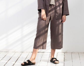 NEW Linen trousers, Pure linen cropped trousers, Softened linen wide leg pants with pockets, Linen capri trousers, Shortened pants in brown