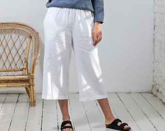 NEW Linen trousers, Pure linen cropped trousers, Softened linen wide leg pants with pockets, Linen capri trousers, Shortened pants in white