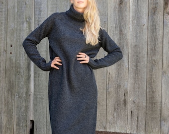 Langes WOLLKLEID, Rollkragen Pullover Kleid, Dunkelgraue Wolle Longline Tunika, Natürlicher Strick Pullover, Rollkragen Kleid, Bio Winter Pullover