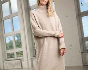 NEW thick wool dress, Knit wool jumper dress, White wool midi tunic, Natural knit sweater dress, Turtleneck jumper, Organic winter pullover