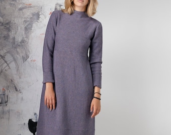 Knit wool DRESS, Feminine sweater dress, Violet gathered waist dress, Natural knit tunic dress, Organic winter sweater dress